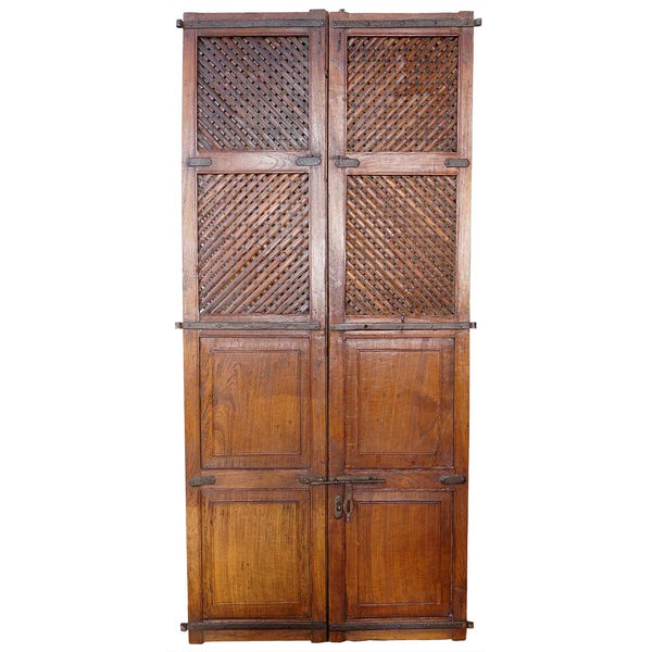 Indian Iron Mounted Teak Haveli Lattice Screen Double Door