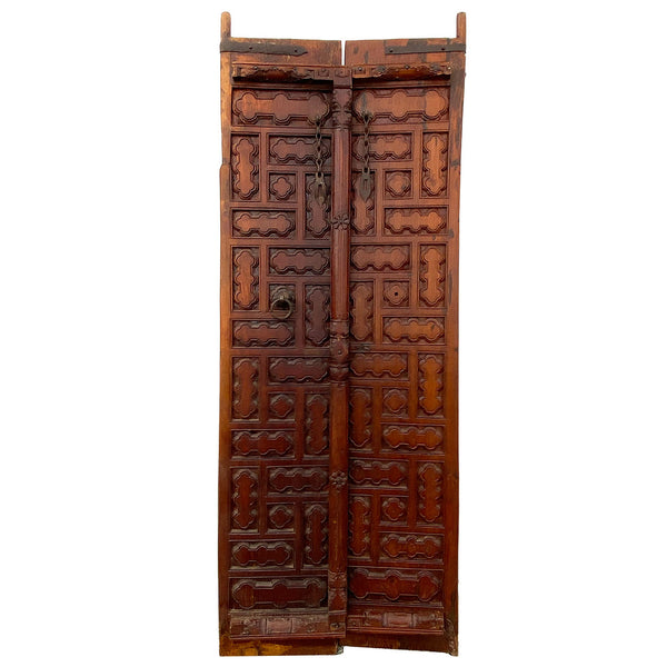 Small Indian Iron Mounted Carved Teak Haveli Double Door