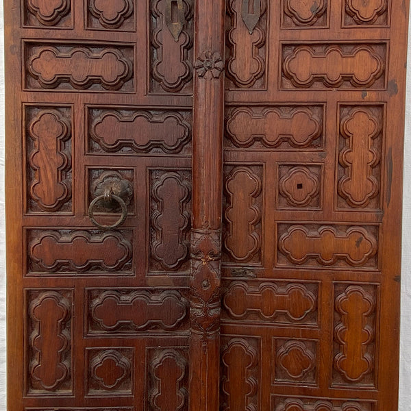 Small Indian Iron Mounted Carved Teak Haveli Double Door