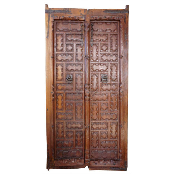 Small Indian Iron Mounted Carved Teak Haveli Double Door