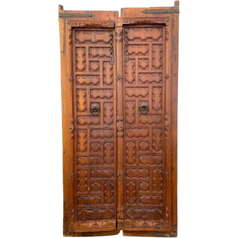 Small Indian Iron Mounted Carved Teak Haveli Double Door