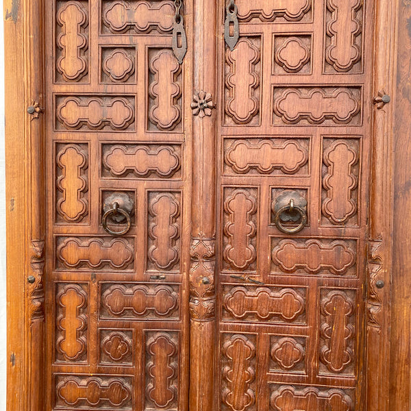 Small Indian Iron Mounted Carved Teak Haveli Double Door