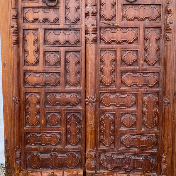 Small Indian Iron Mounted Carved Teak Haveli Double Door