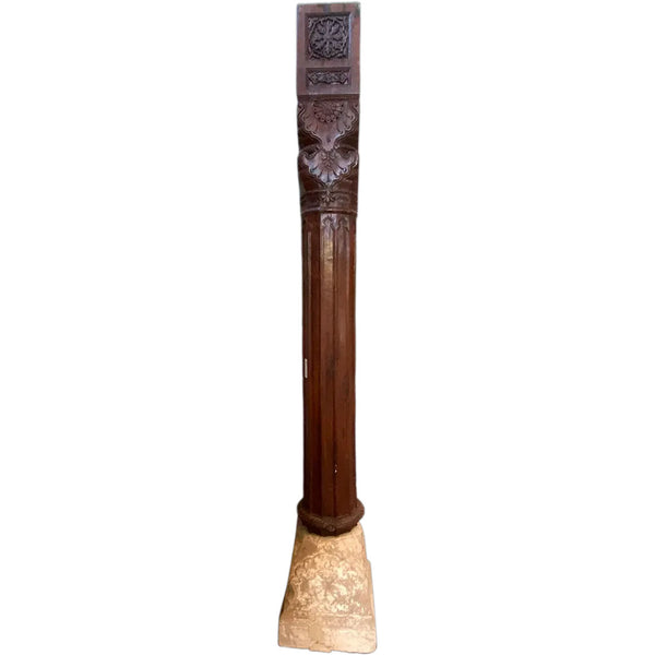 Large Pair Indian Carved Teak and Limestone Haveli Architectural Pillars