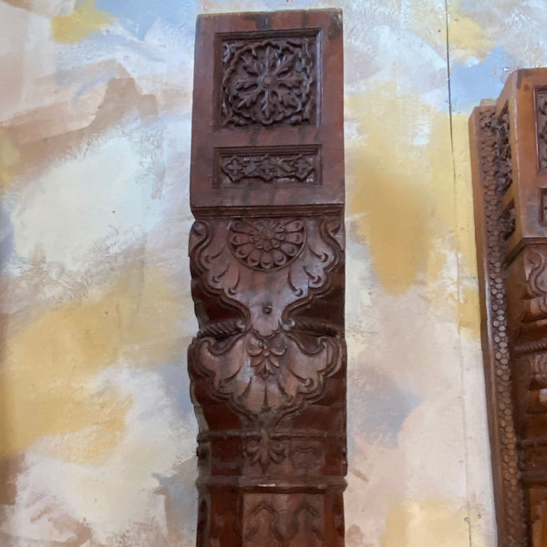 Large Pair Indian Carved Teak and Limestone Haveli Architectural Pillars