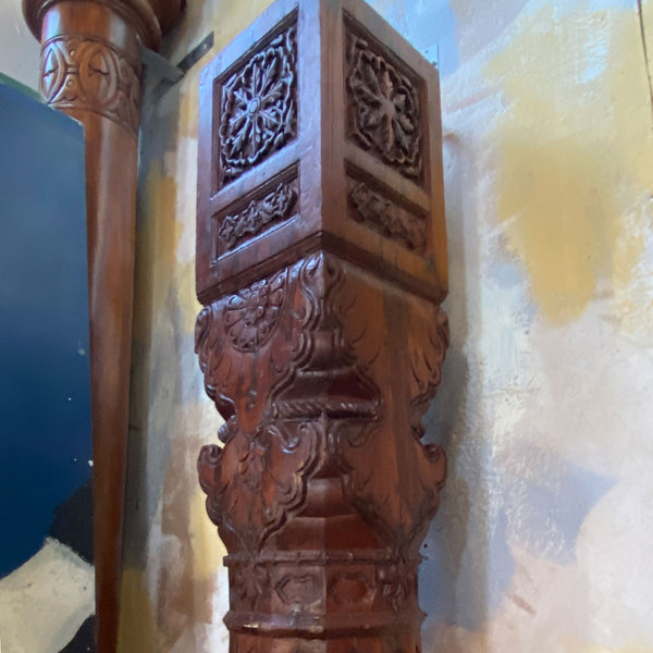 Large Pair Indian Carved Teak and Limestone Haveli Architectural Pillars