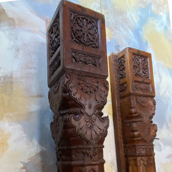 Large Pair Indian Carved Teak and Limestone Haveli Architectural Pillars