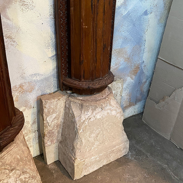 Large Pair of Indian Carved Teak and Limestone Haveli Architectural Pilasters