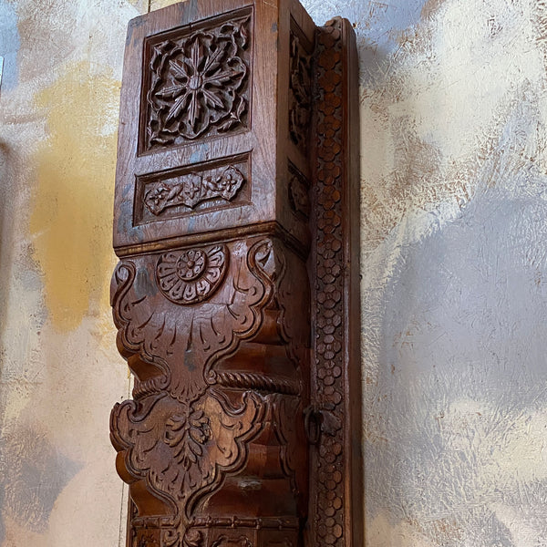Large Pair of Indian Carved Teak and Limestone Haveli Architectural Pilasters