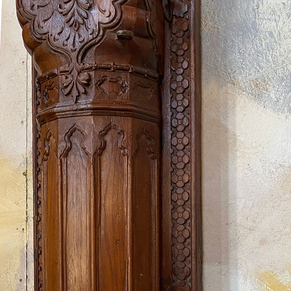 Large Pair of Indian Carved Teak and Limestone Haveli Architectural Pilasters