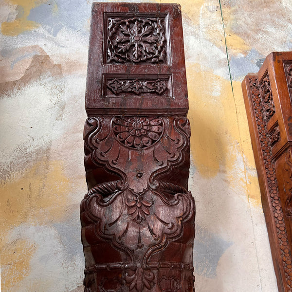 Large Pair of Indian Carved Teak and Limestone Haveli Architectural Pilasters