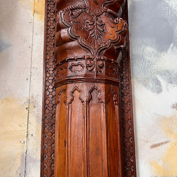 Large Pair of Indian Carved Teak and Limestone Haveli Architectural Pilasters