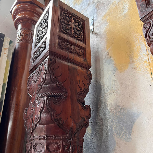 Large Pair of Indian Carved Teak and Limestone Haveli Architectural Pilasters