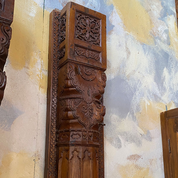 Large Pair of Indian Carved Teak and Limestone Haveli Architectural Pilasters