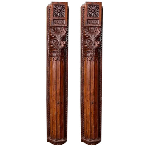 Large Pair of Indian Carved Teak Haveli Architectural Pilasters (no bases)