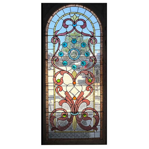 Large American William A. Lang Stained, Leaded, Jewelled Glass Arched Window