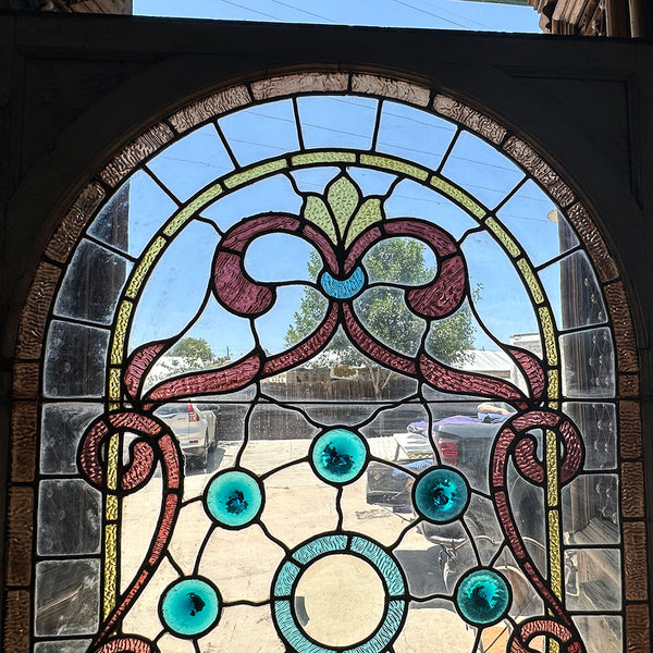 Large American William A. Lang Stained, Leaded, Jewelled Glass Arched Window