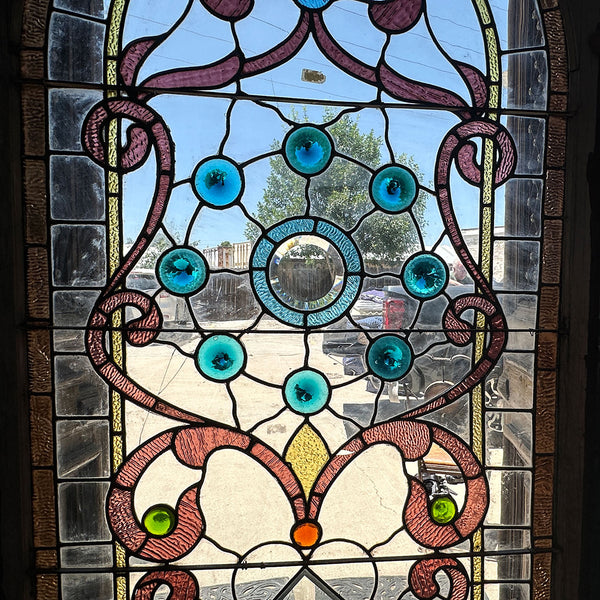 Large American William A. Lang Stained, Leaded, Jewelled Glass Arched Window