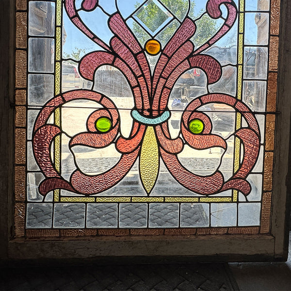 Large American William A. Lang Stained, Leaded, Jewelled Glass Arched Window