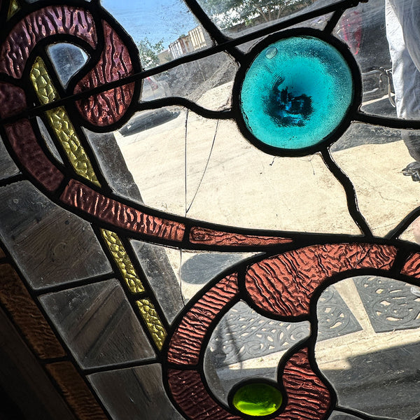 Large American William A. Lang Stained, Leaded, Jewelled Glass Arched Window