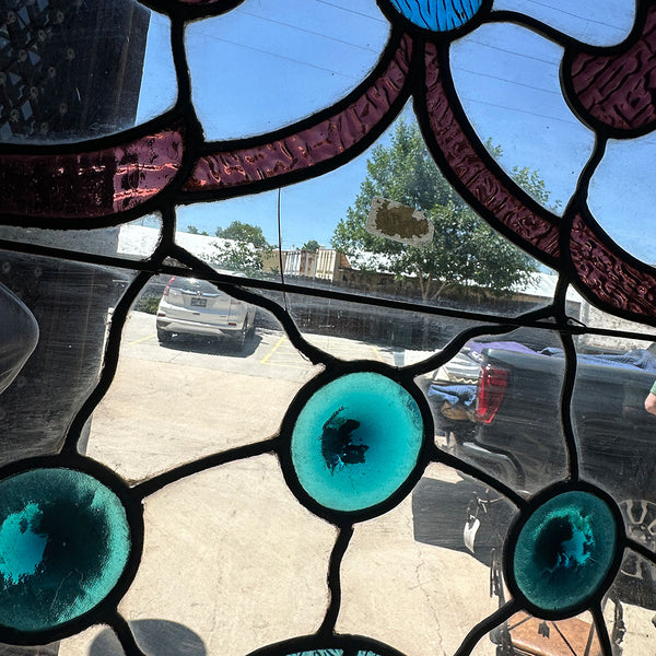 Large American William A. Lang Stained, Leaded, Jewelled Glass Arched Window