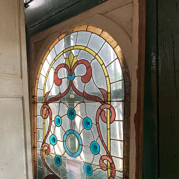 Large American William A. Lang Stained, Leaded, Jewelled Glass Arched Window