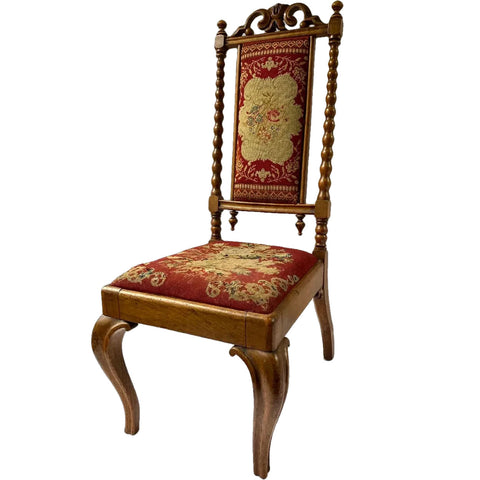 English Jacobean Revival Needlework Upholstered Oak Low Child's Side Chair