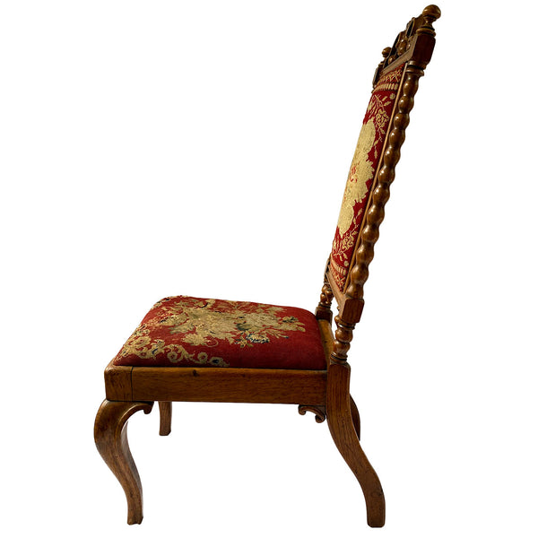 English Jacobean Revival Needlework Upholstered Oak Low Child's Side Chair