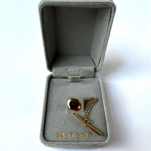 Vintage 14 Karat Yellow Gold Tie Tack Clutch Pin with Bar and Chain