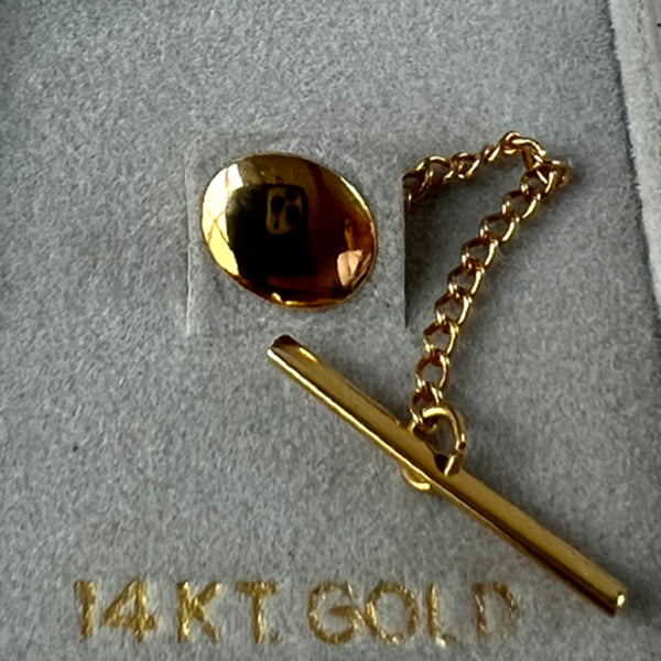 Vintage 14 Karat Yellow Gold Tie Tack Clutch Pin with Bar and Chain