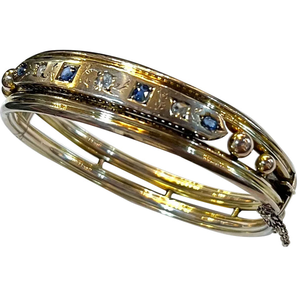 English Victorian 9 Karat Yellow and Rose Gold Diamond and Sapphire Bangle Bracelet