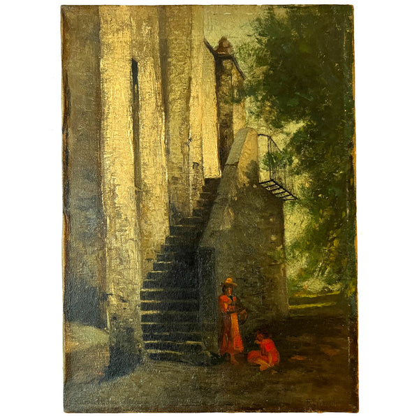 American School Oil on Canvas Painting, Old Stairway, Mission San Gabriel, California