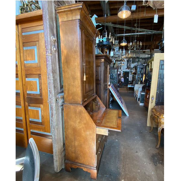 English George II Burr Walnut Two-Part Bureau Bookcase