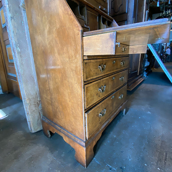 English George II Burr Walnut Two-Part Bureau Bookcase