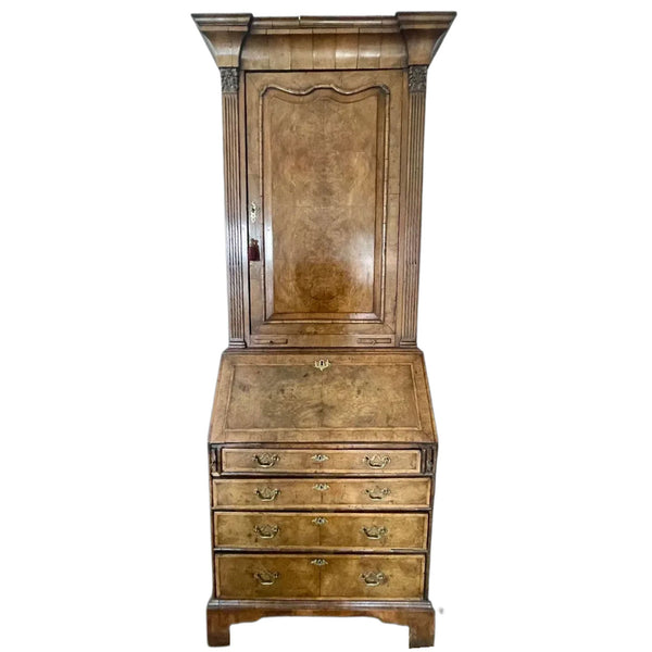 English George II Burr Walnut Two-Part Bureau Bookcase
