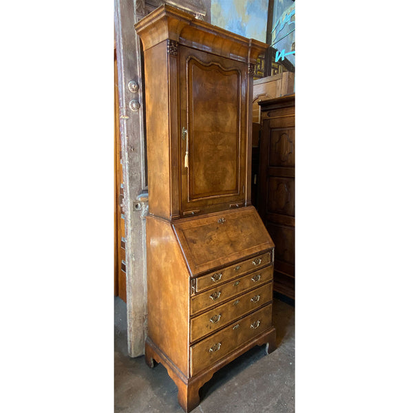 English George II Burr Walnut Two-Part Bureau Bookcase