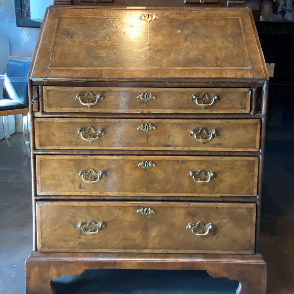 English George II Burr Walnut Two-Part Bureau Bookcase