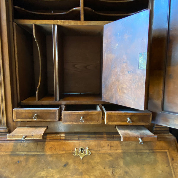 English George II Burr Walnut Two-Part Bureau Bookcase