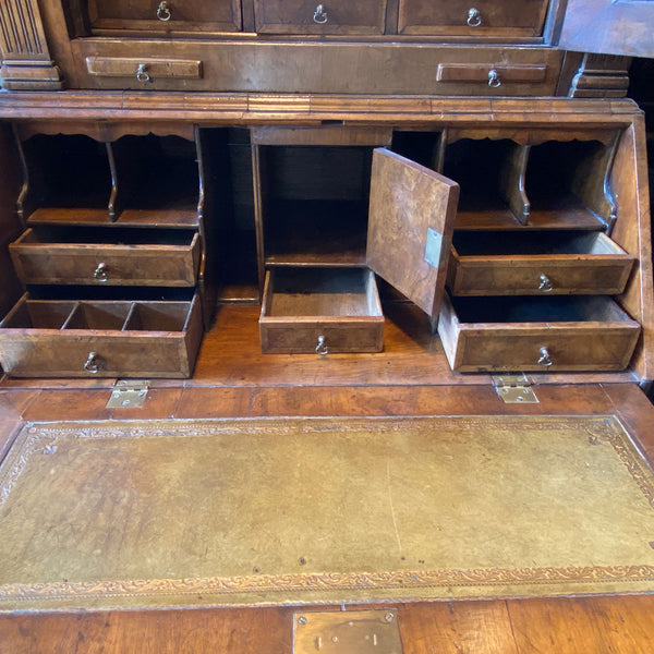 English George II Burr Walnut Two-Part Bureau Bookcase