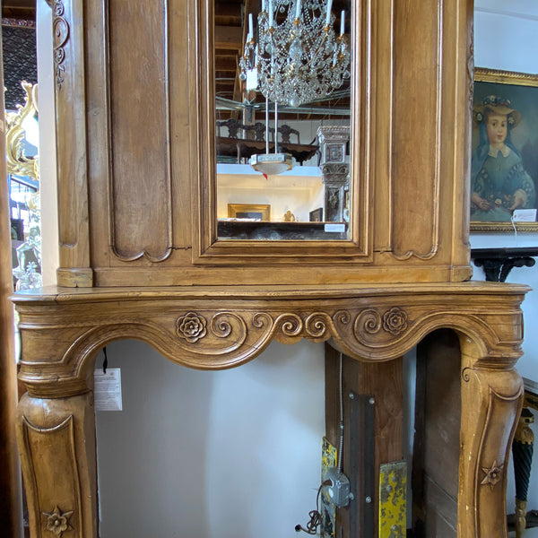 French Fanny Brice Mansion Louis XV Oak Mirrored Trumeau Fireplace Surround