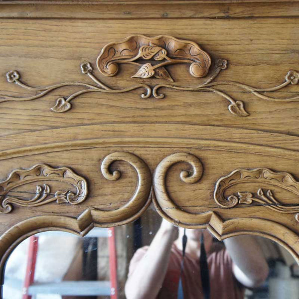 French Fanny Brice Mansion Louis XV Oak Mirrored Trumeau Fireplace Surround