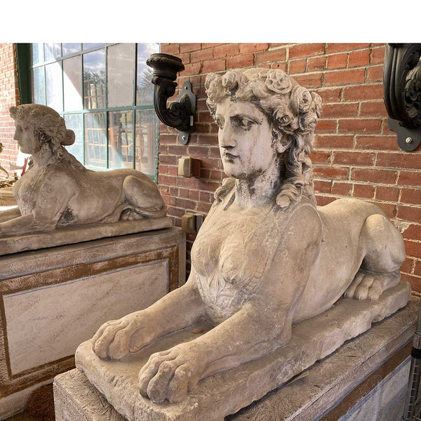 Pair of French Louis XVI Limestone Sphinx Garden Statues
