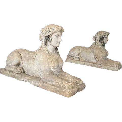 Pair of French Louis XVI Limestone Sphinx Garden Statues
