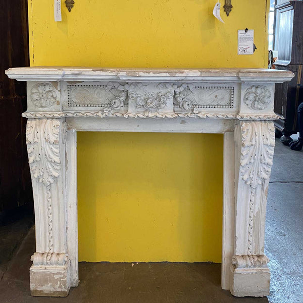 Small French Louis XVI White Washed Limestone Fireplace Surround