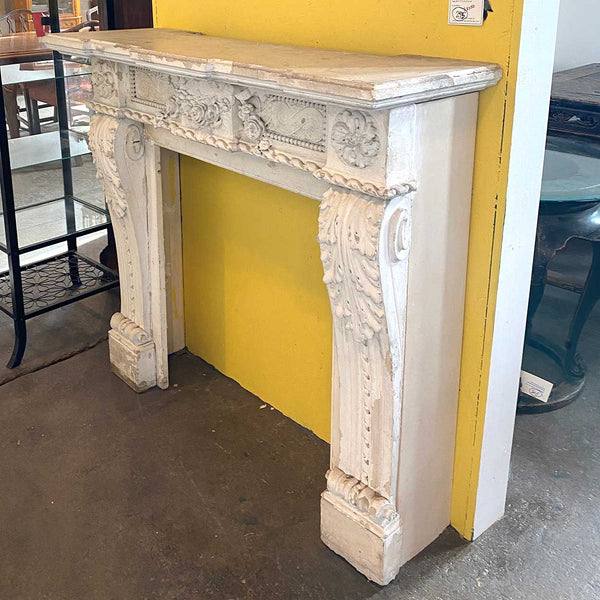 Small French Louis XVI White Washed Limestone Fireplace Surround