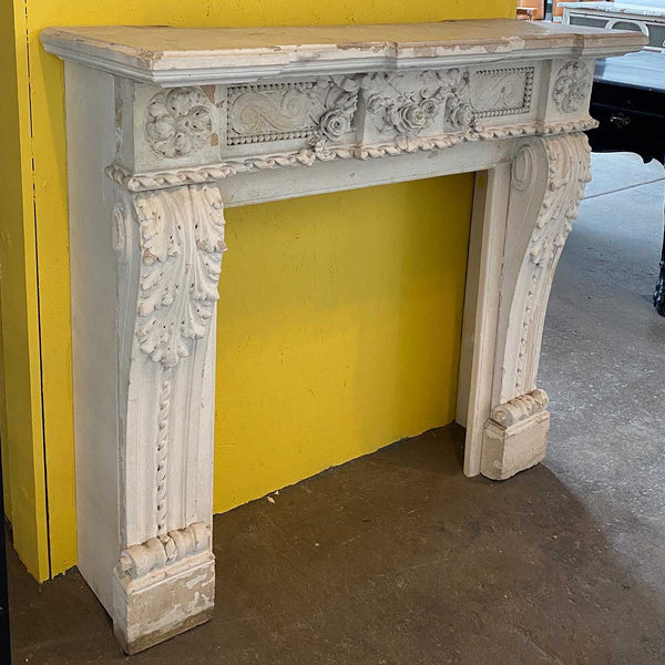 Small French Louis XVI White Washed Limestone Fireplace Surround
