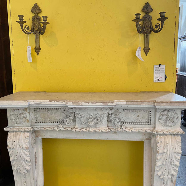 Small French Louis XVI White Washed Limestone Fireplace Surround