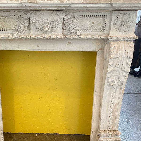 Small French Louis XVI White Washed Limestone Fireplace Surround