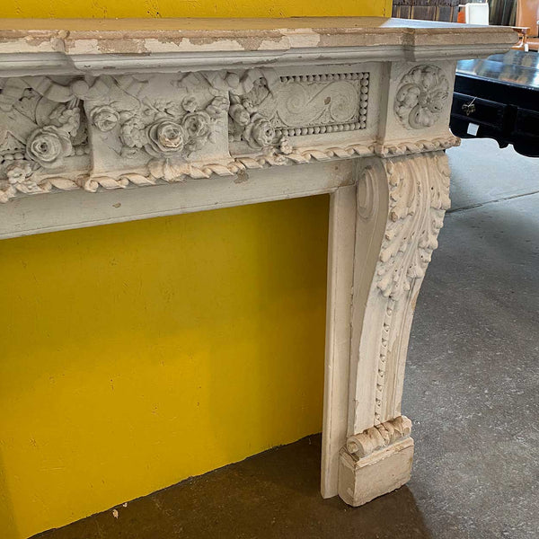 Small French Louis XVI White Washed Limestone Fireplace Surround