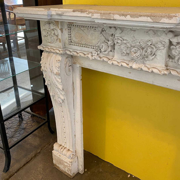 Small French Louis XVI White Washed Limestone Fireplace Surround